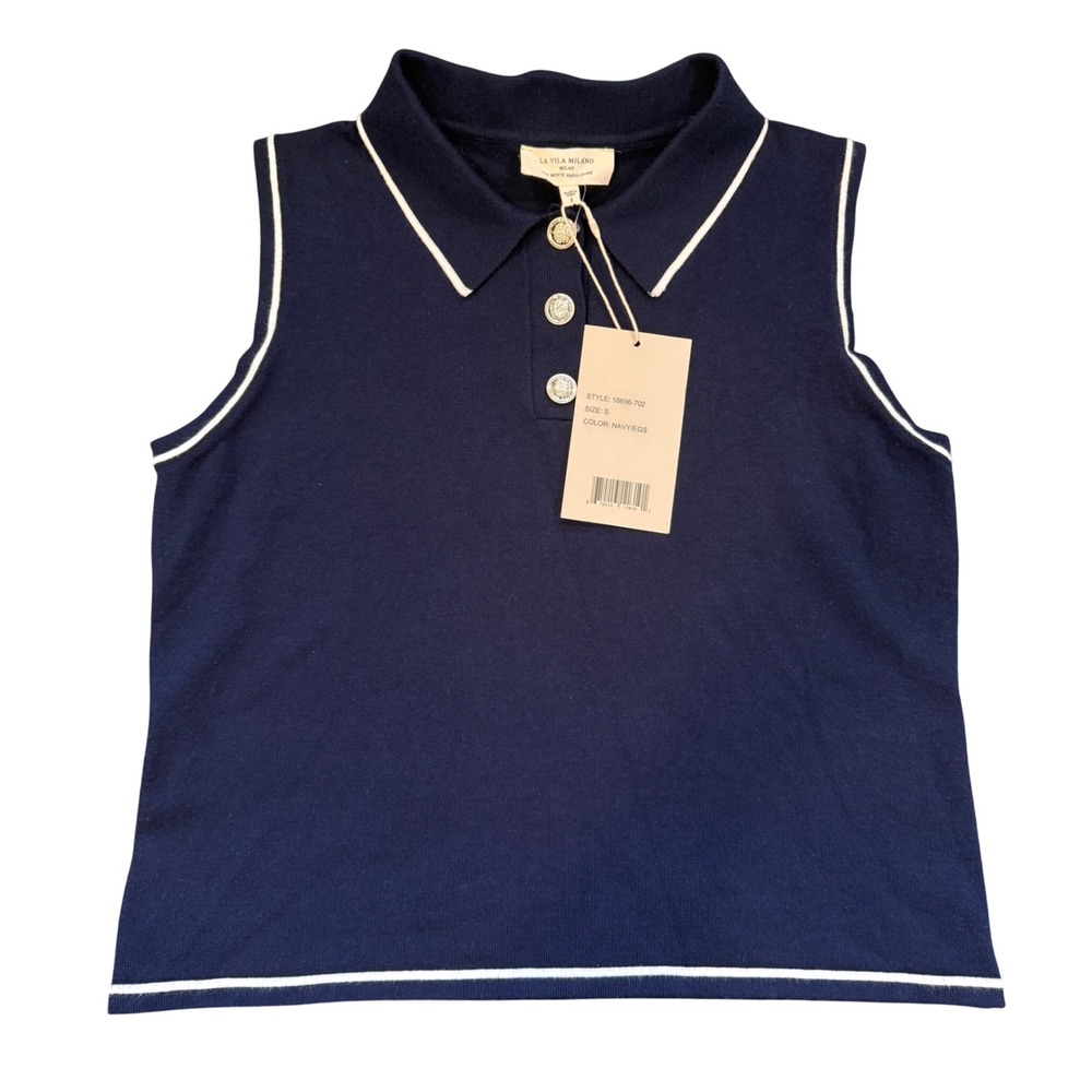 La Vila Milano Womens Navy Blue Knit Sleeveless Polo Top Silver Crest Buttons S